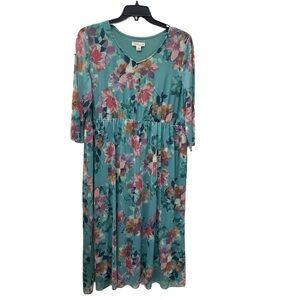 NWOT Coldwater Creek teal fully lined netting dress with flower.